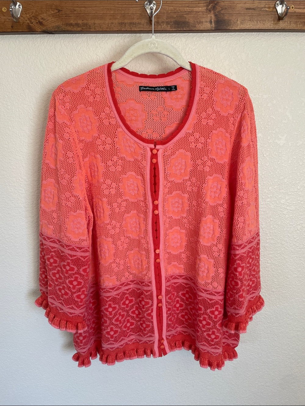 Gudrun Sjoden Coral Naima Crochet Button-Front Cardigan L Organic Cotton Artsy